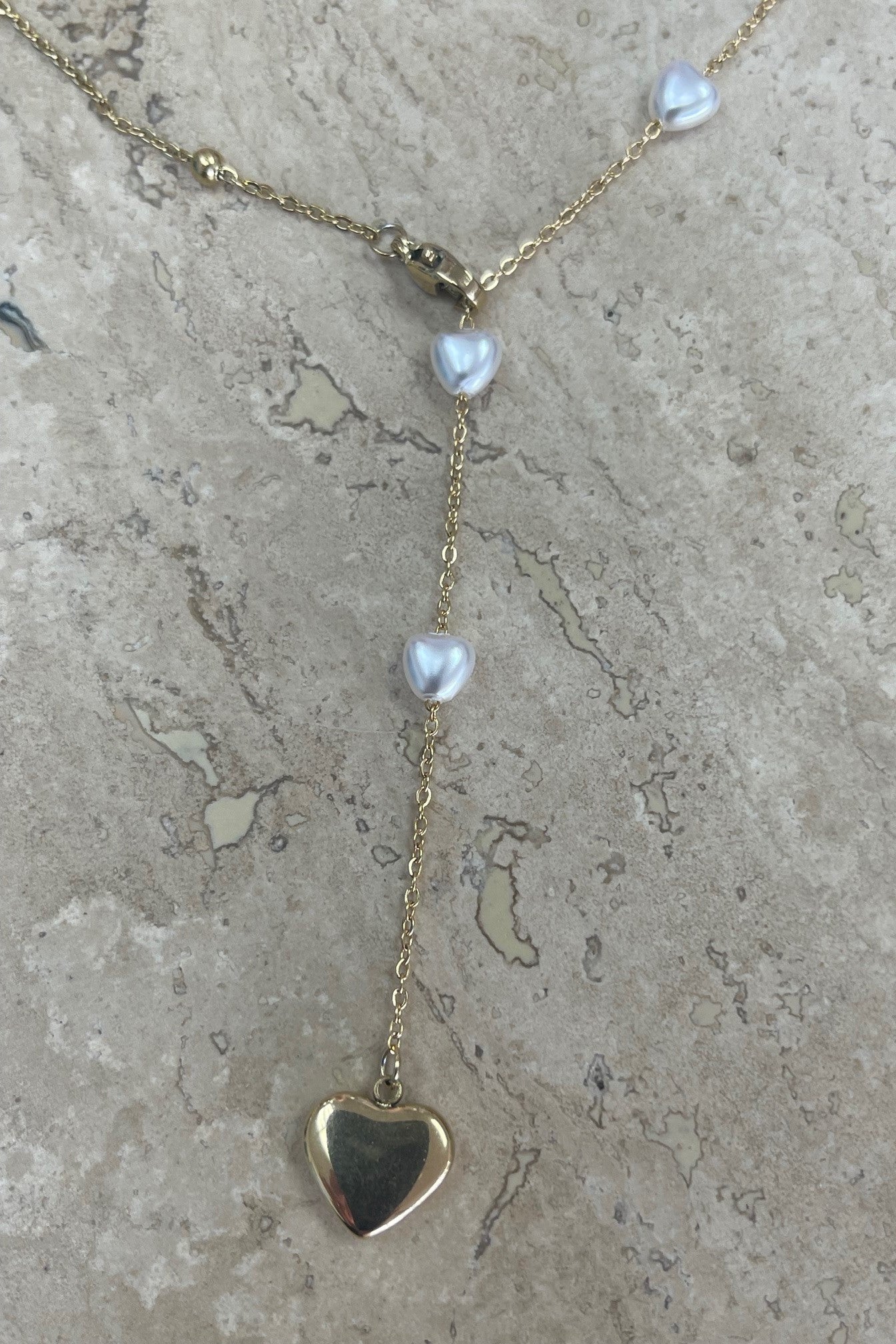 18K Gold Plated Pearl Heart and Gold Ball Necklace