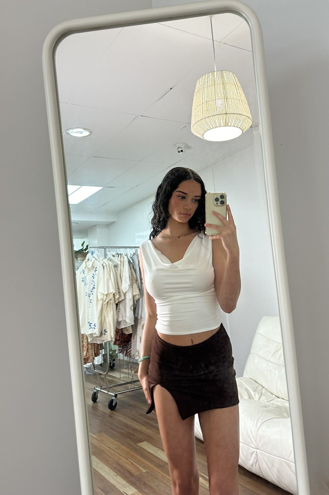 Amy Side Split Stretch Mini Skirt Brown