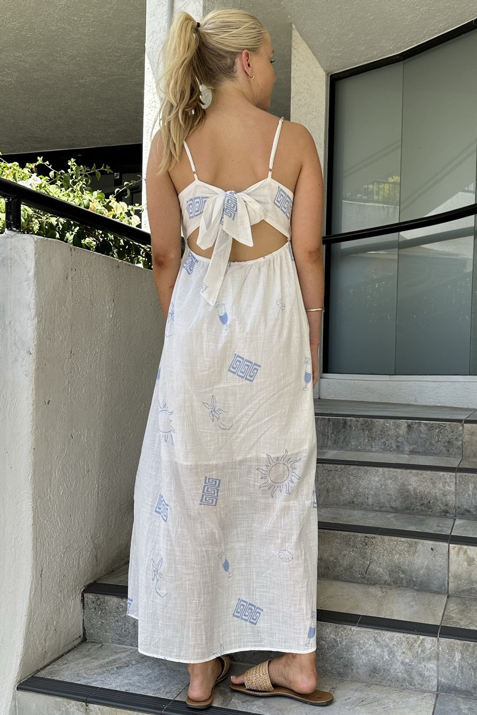 Athena Sleeveless White & Blue Amalfi Print Maxi Dress