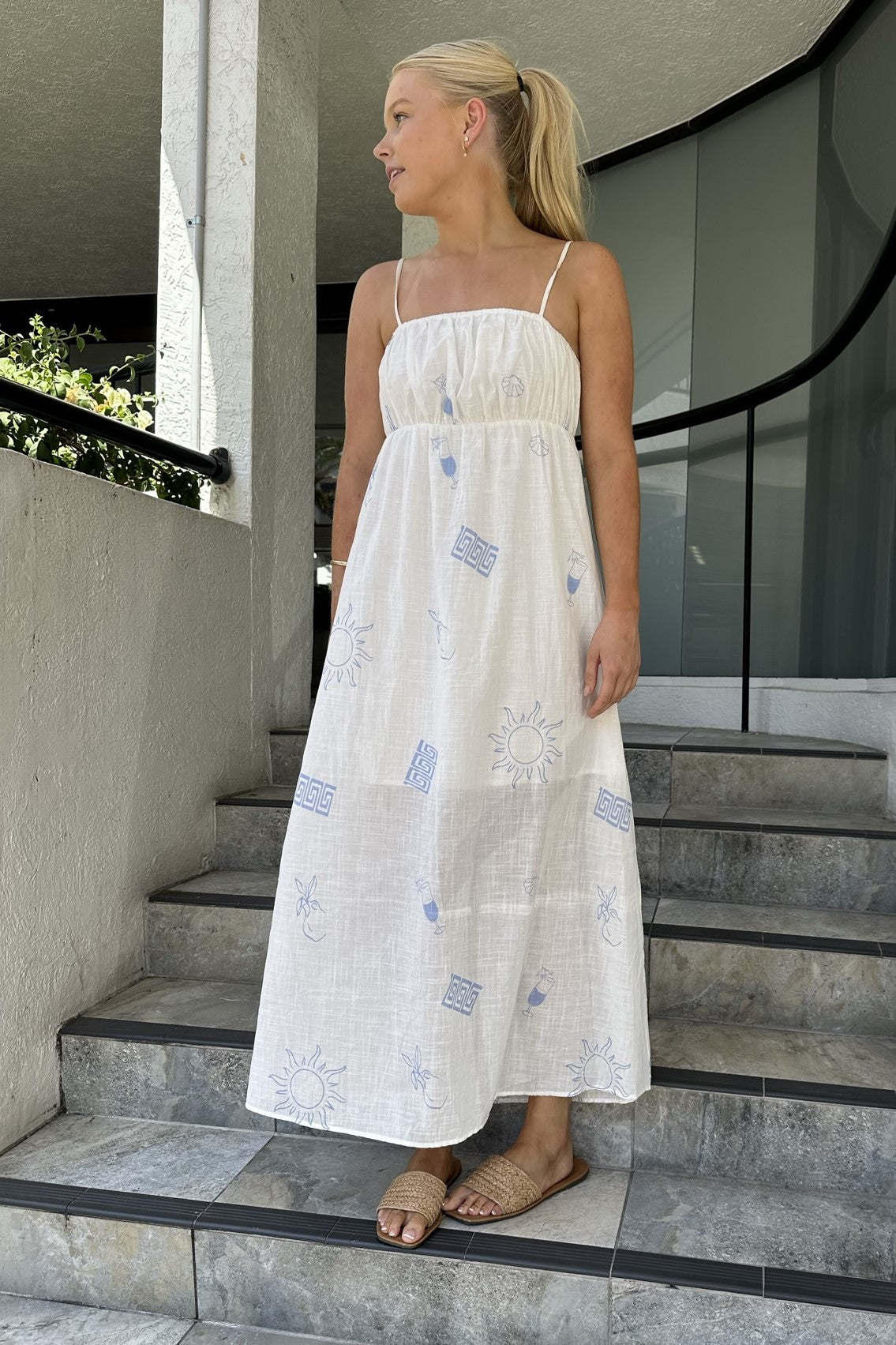 Athena Sleeveless White & Blue Amalfi Print Maxi Dress