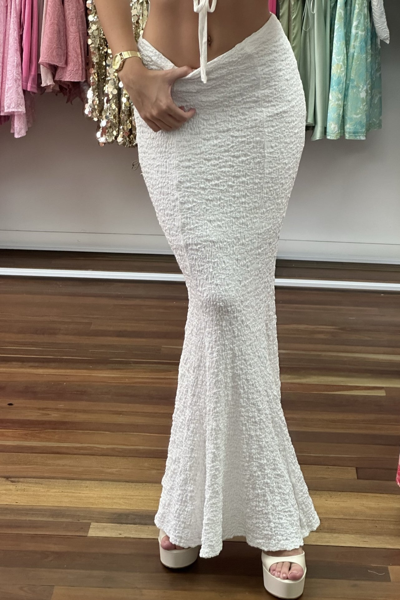 Aurelia High Waisted Maxi Skirt Textured White