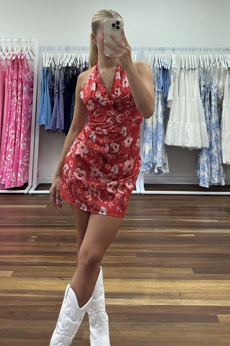 Bella Mini Dress Halter Neck Floral Red