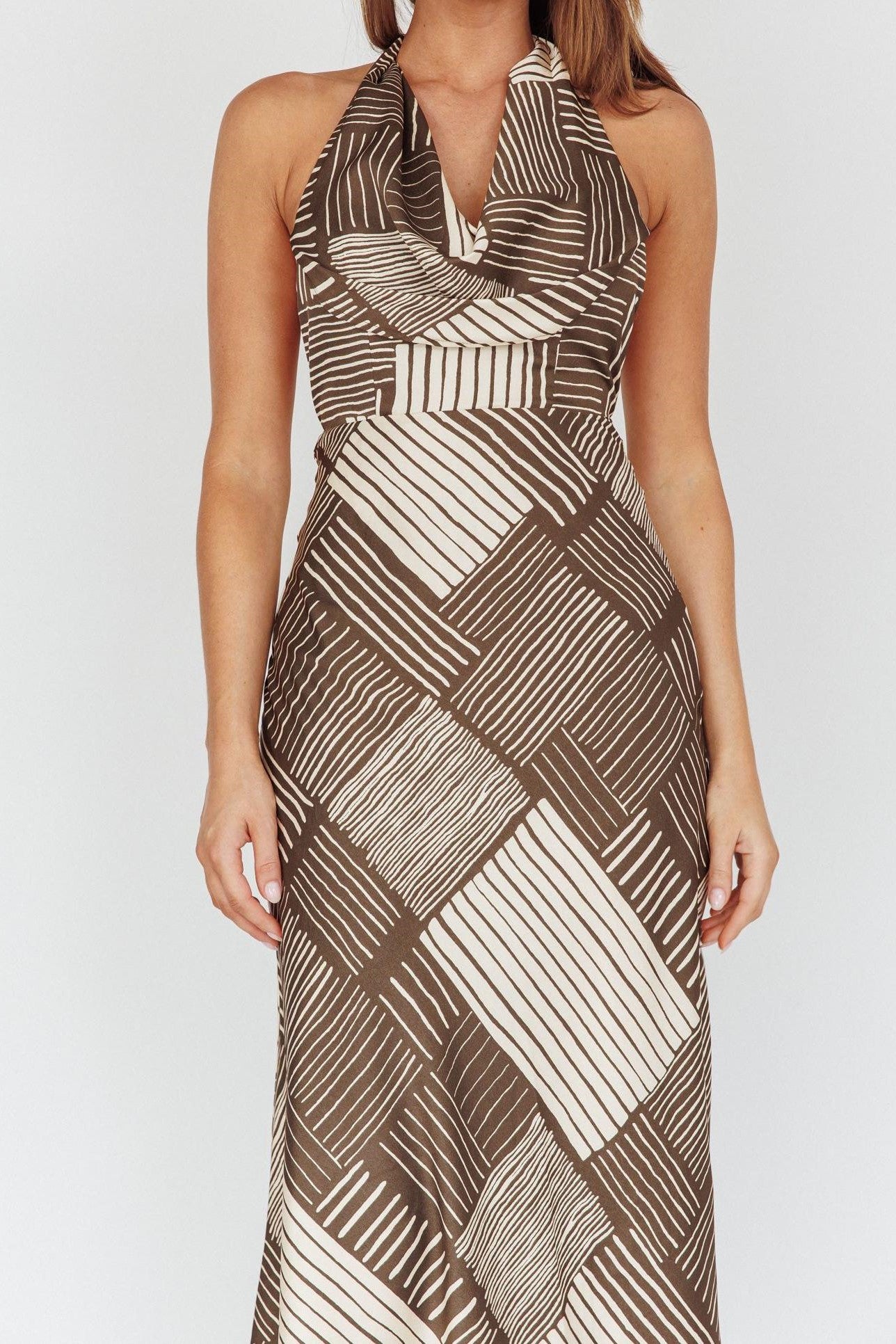 Shay Cowl Neck Maxi Geometric Print Brown