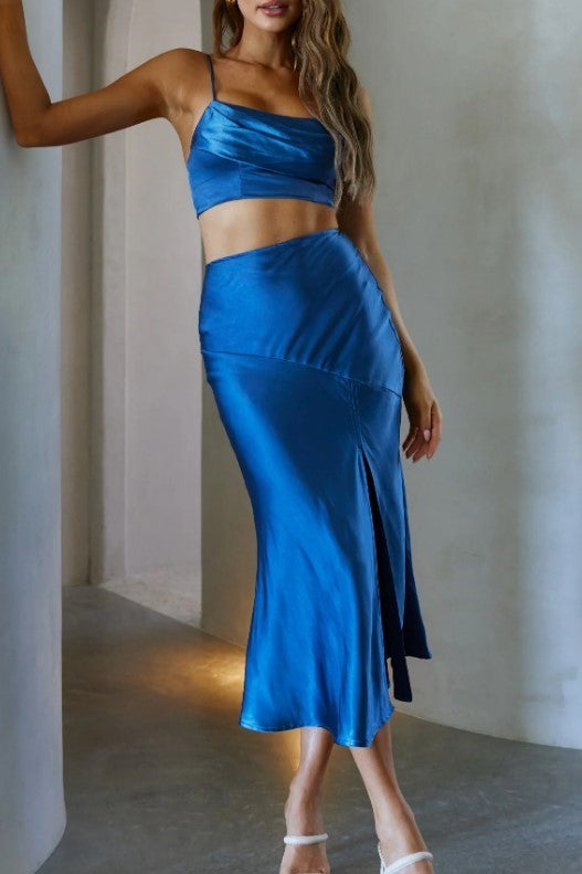 Corinne Cowl Neck Crop Top Satin Navy