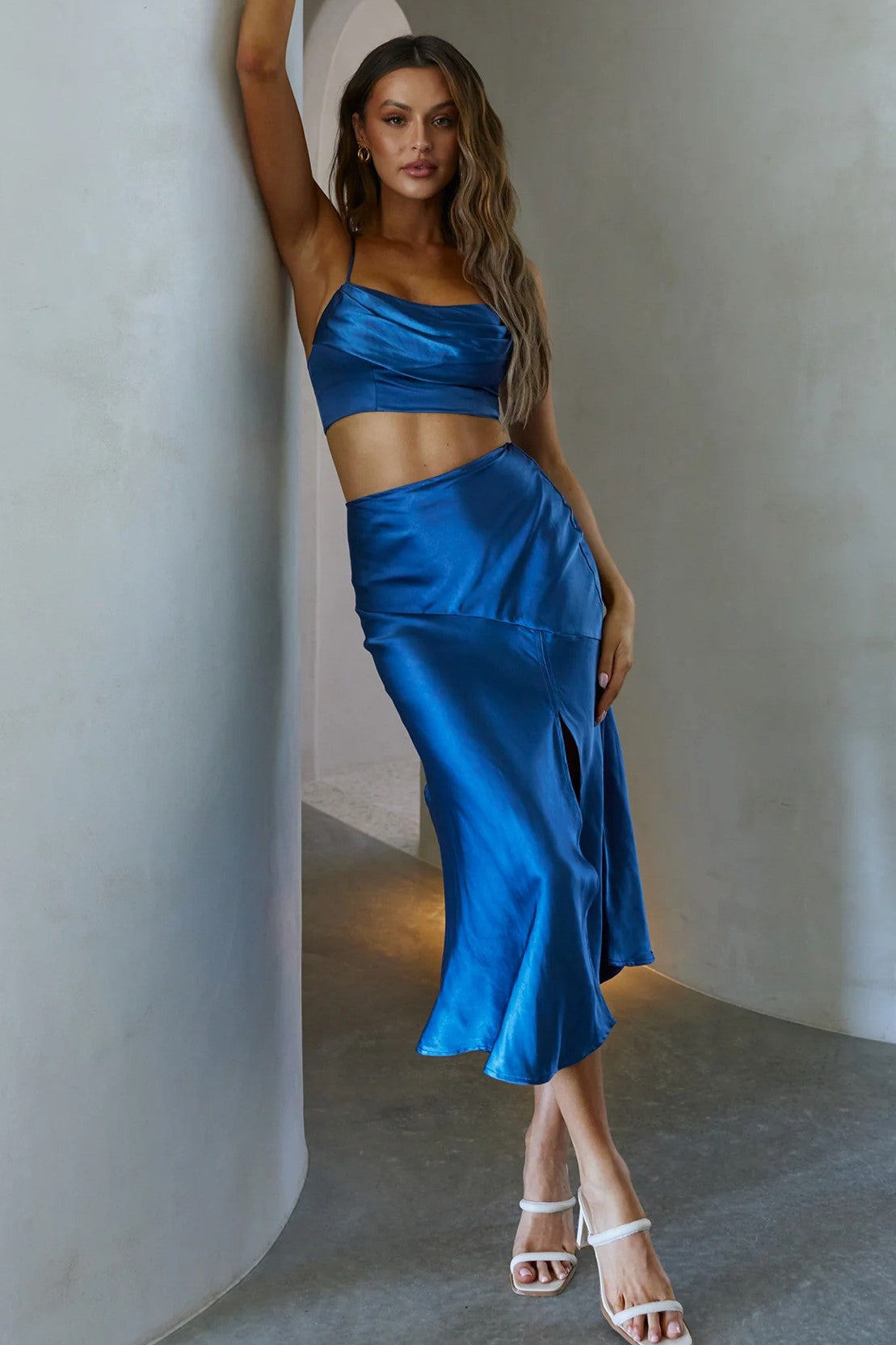 Corinne Cowl Neck Crop Top Satin Navy