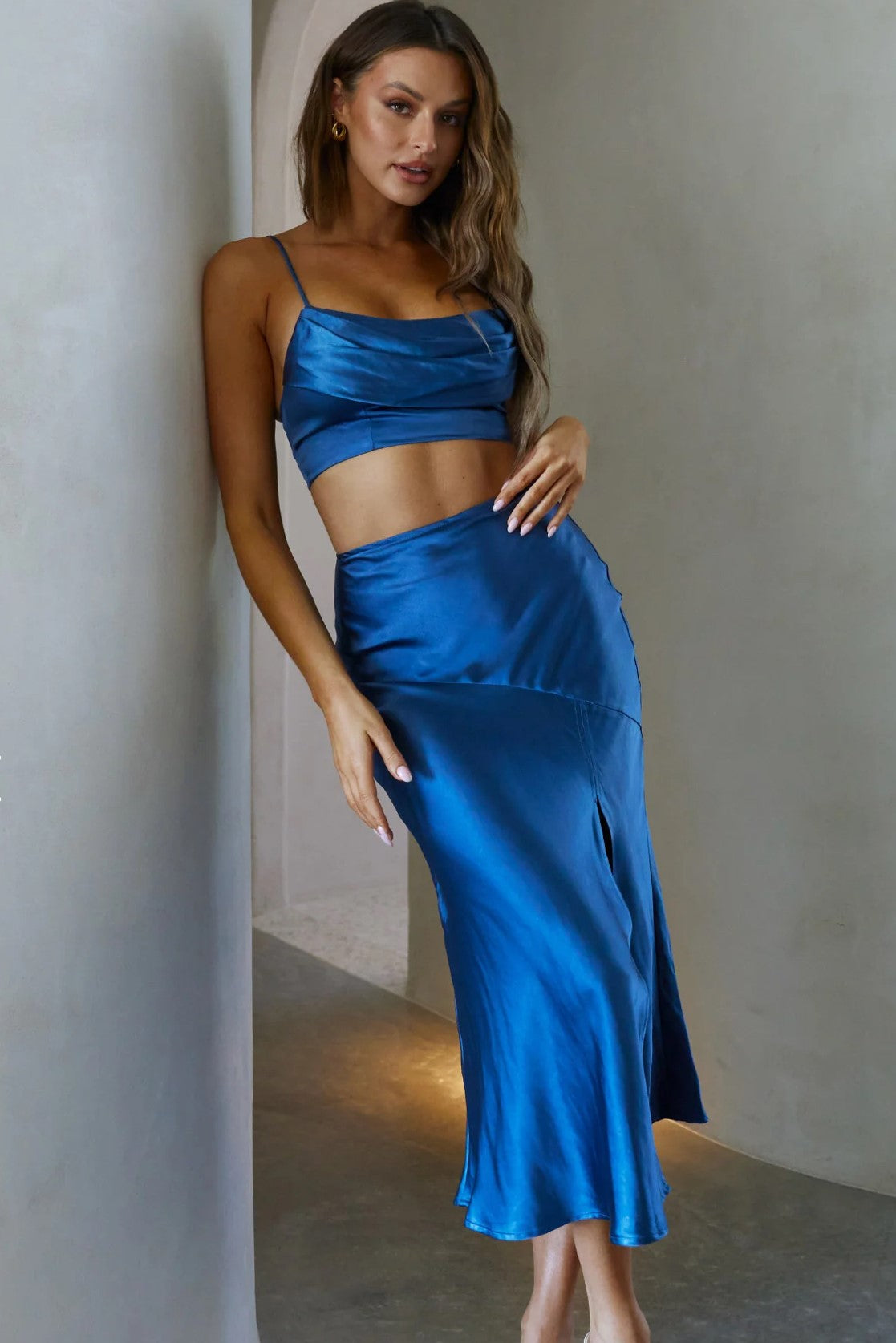 Corinne Cowl Neck Crop Top Satin Navy