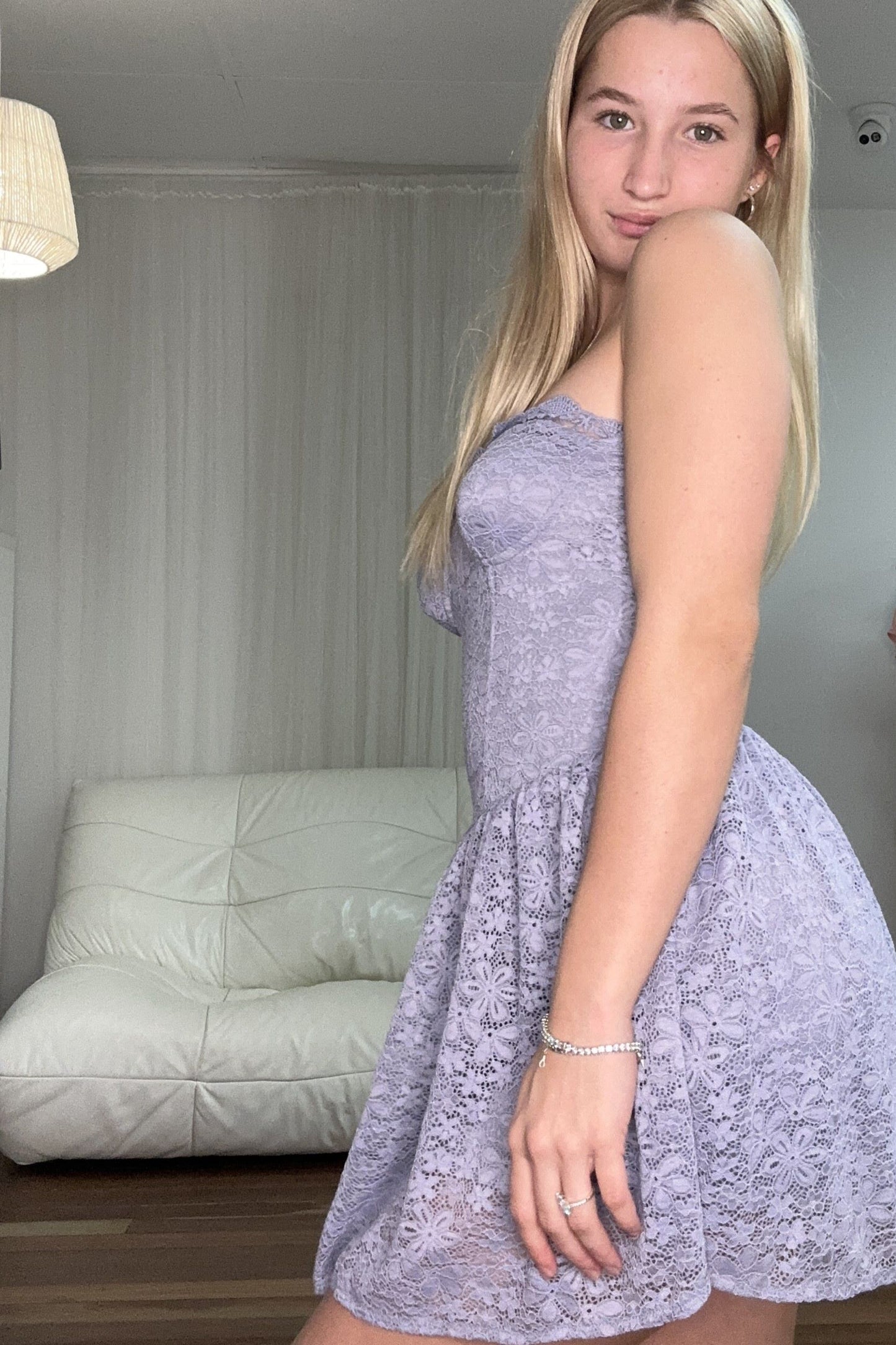 Elise Strapless Lace Floral Mini Dress Soft Purple