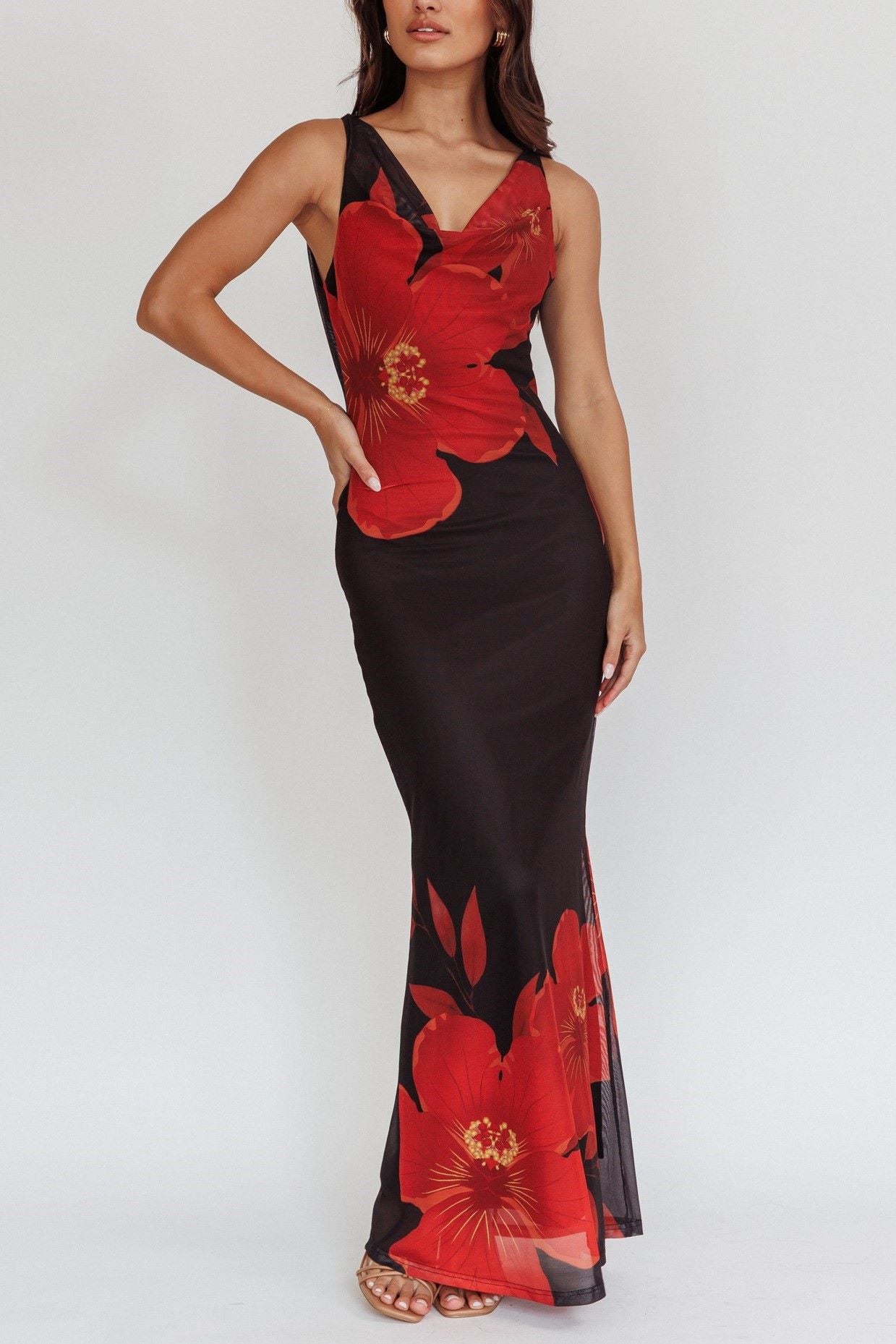 Eliza Open Back Maxi Dress Hibiscus Black