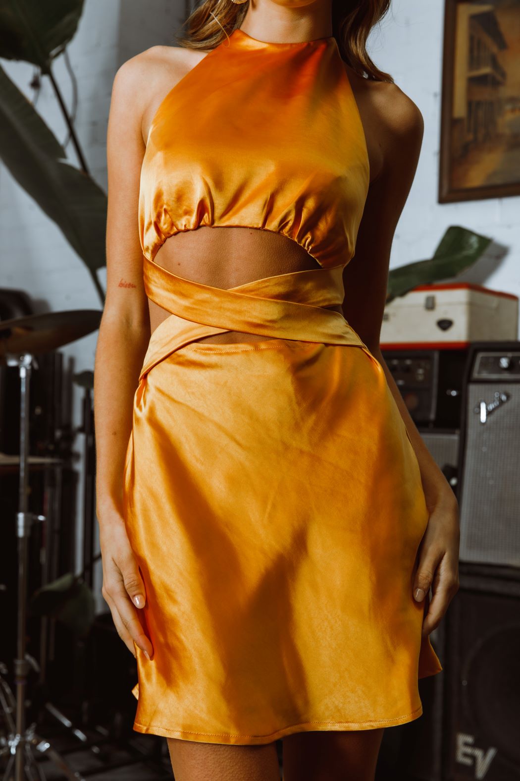 Emersyn Halter Mini Dress Satin Mango Orange