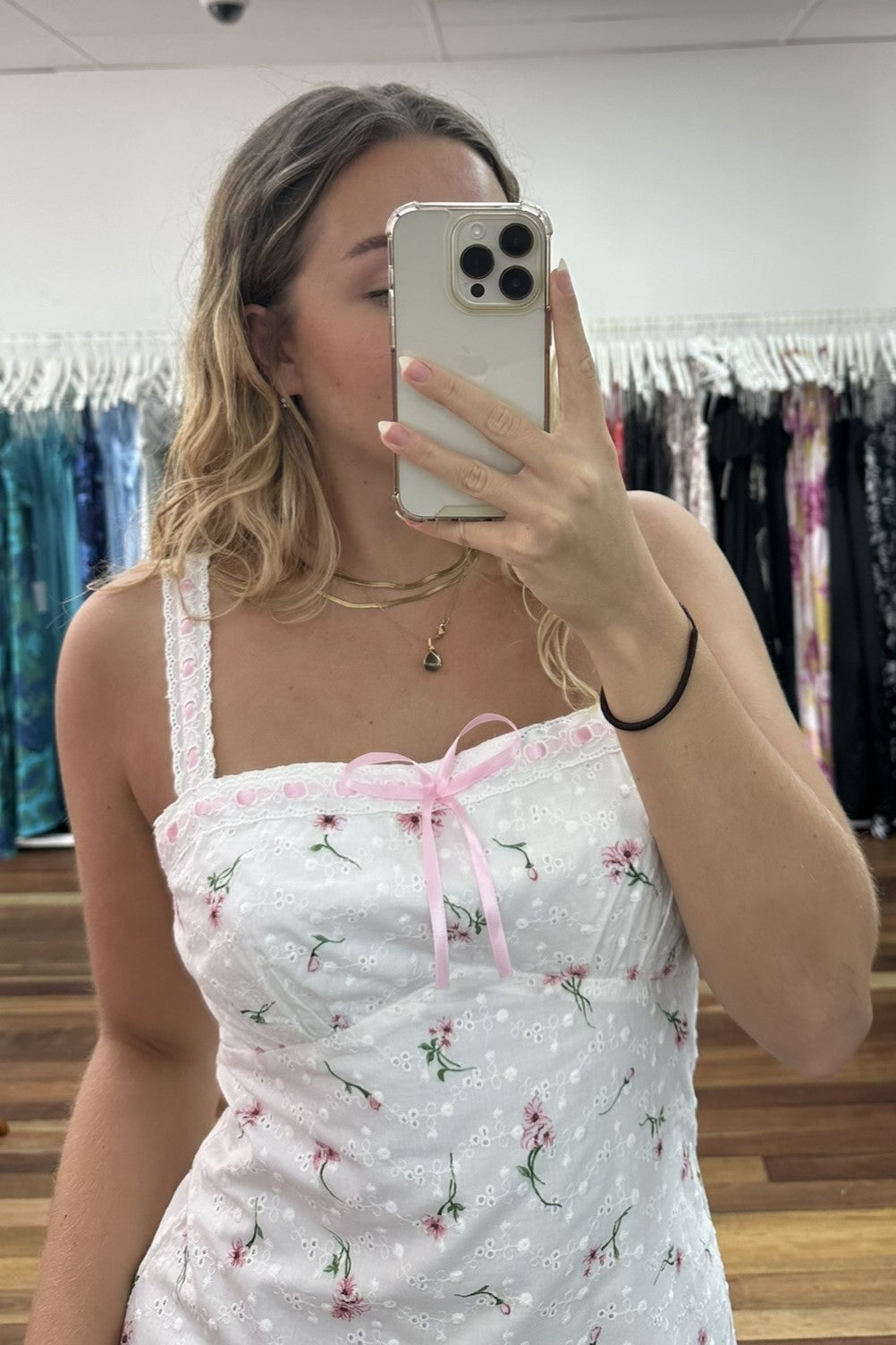 Iliana Broderie Anglaise Mini Dress White Floral with Pink Ribboning Detail