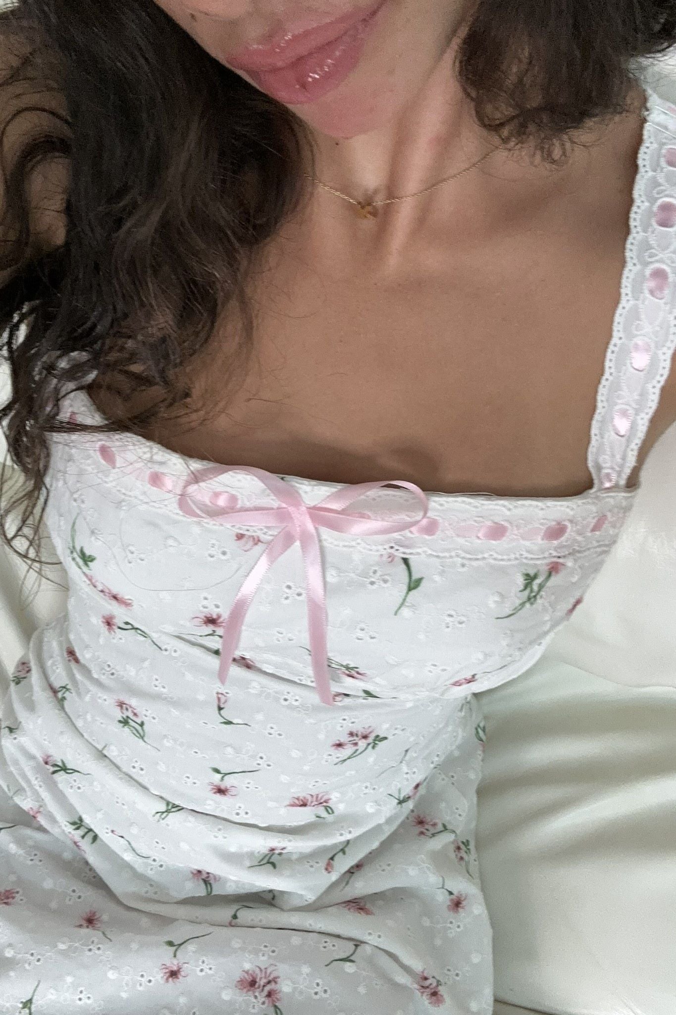 Iliana Broderie Anglaise Mini Dress White Floral with Pink Ribboning Detail