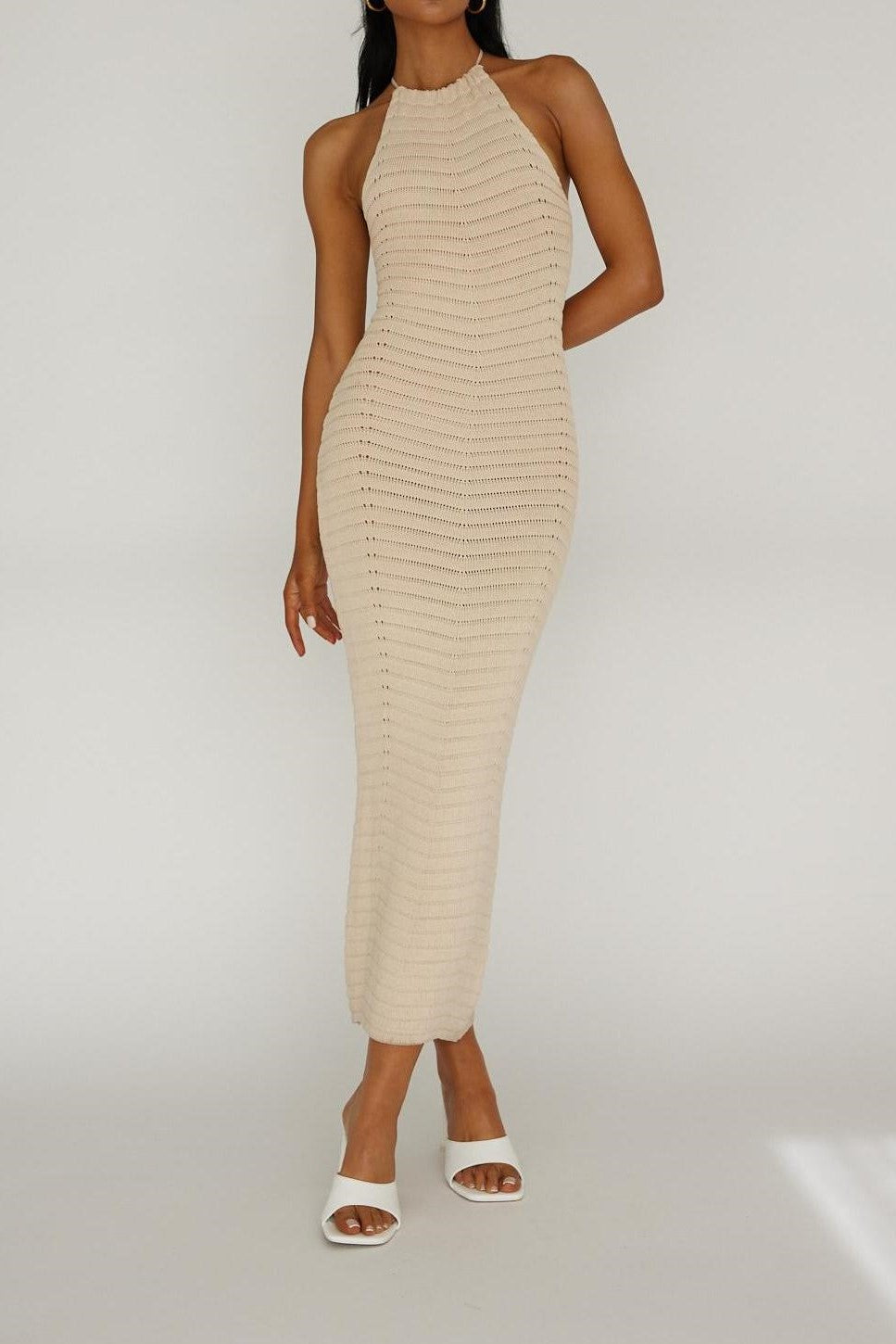 Yasmin Pattern Knit Halter Maxi Dress Beige