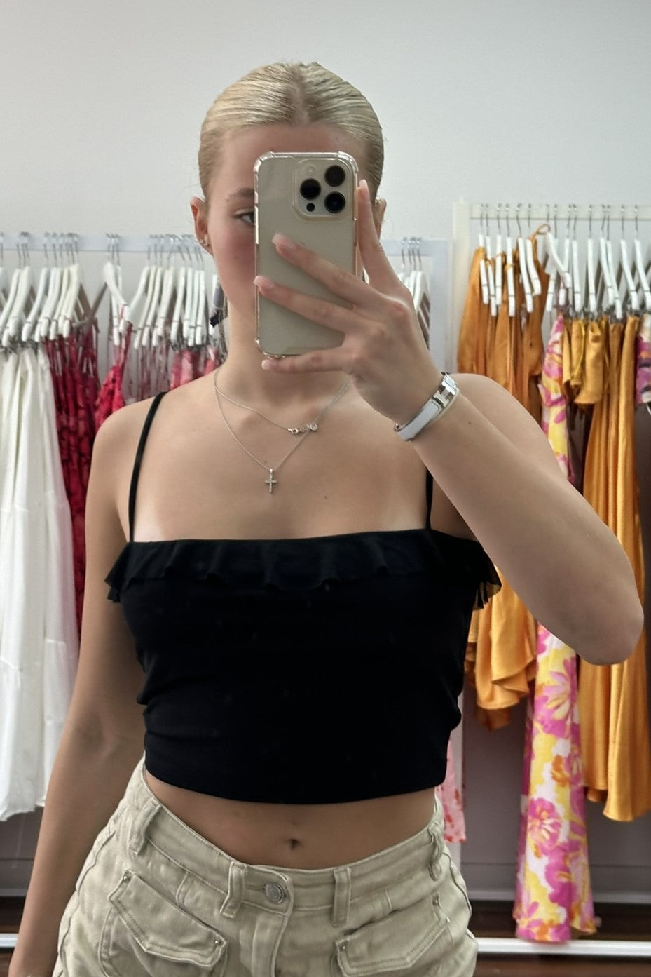 Kori Ruffled Crop Singlet Top Black