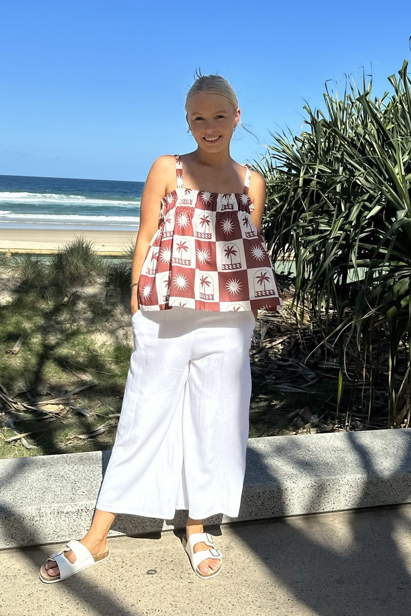 Leslie Palm Print Top Brown