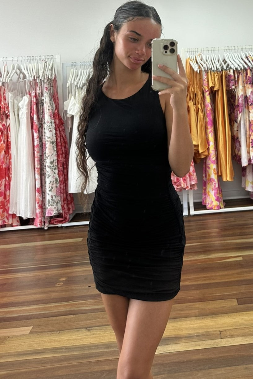 Lilith Sleeveless Ruched Mini Dress Black