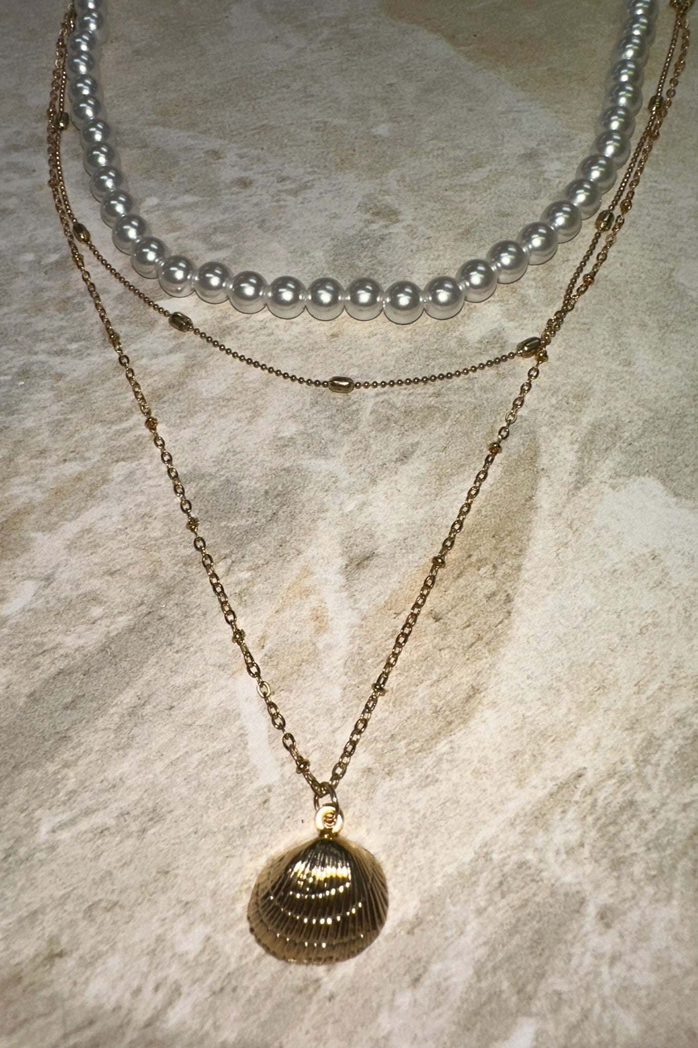 Mary Triple Layered Pearl & Gold Chain Necklace With Gold Scallop Shell Pendant