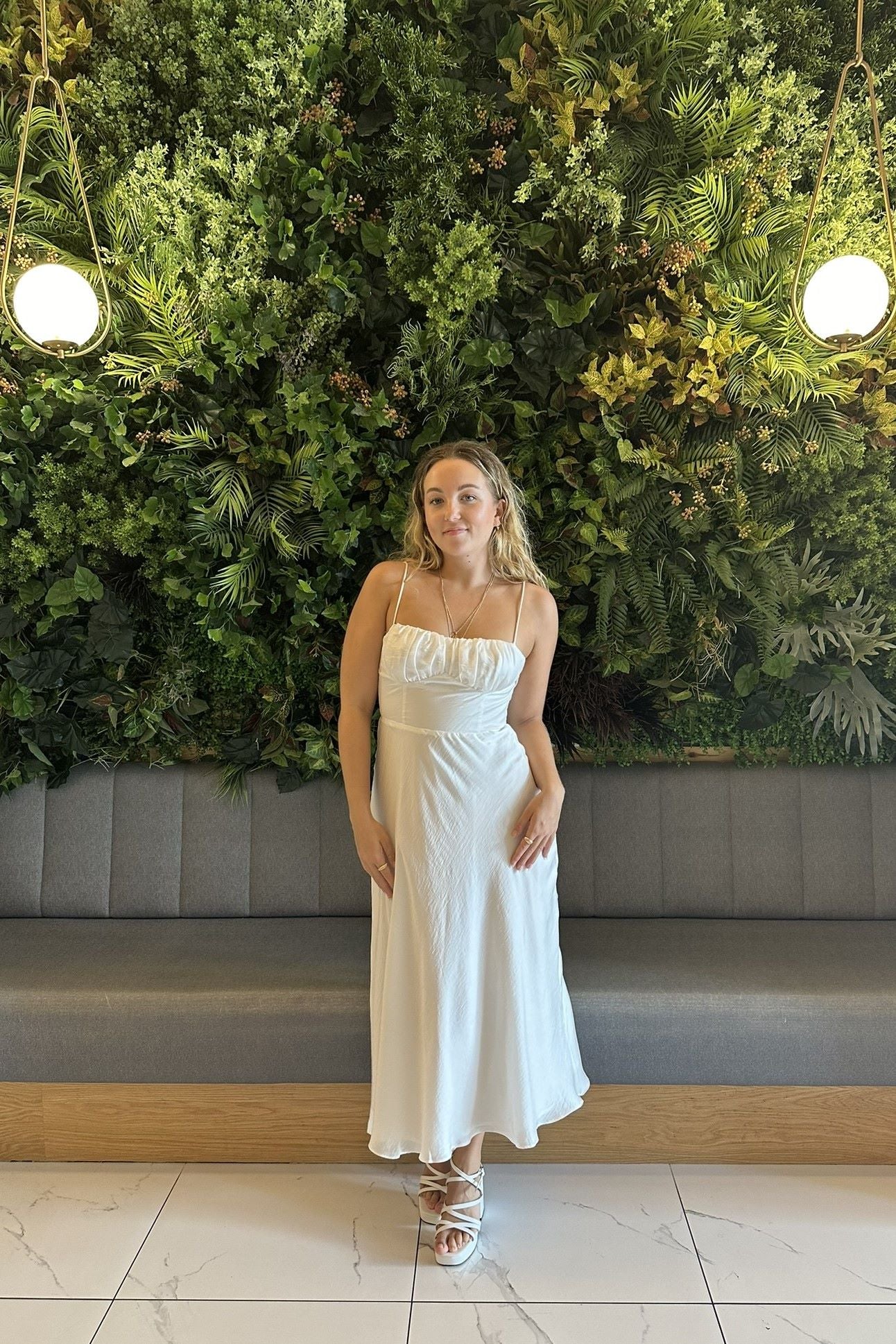 Monica Shirred Bust Tie Back White Midi Dress Monica Shirred Bust Tie Back White Midi Dress