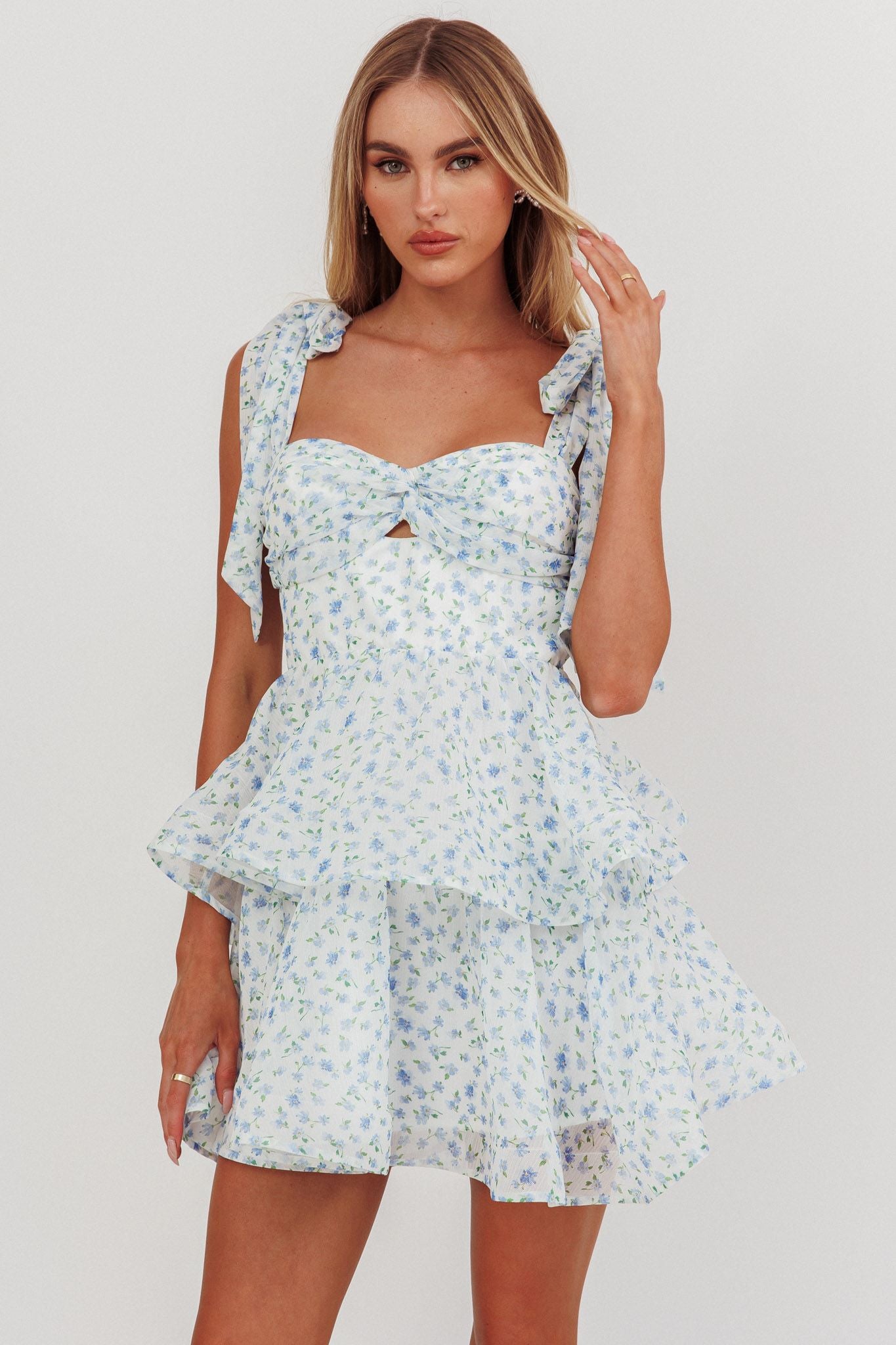 Myra Tiered Mini Dress Floral Blue