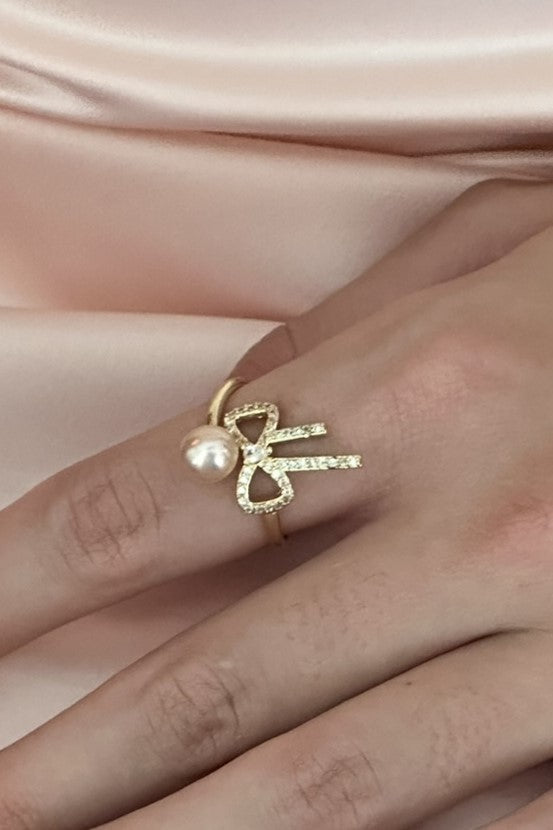 Pink Pearl Bow Ring Gold