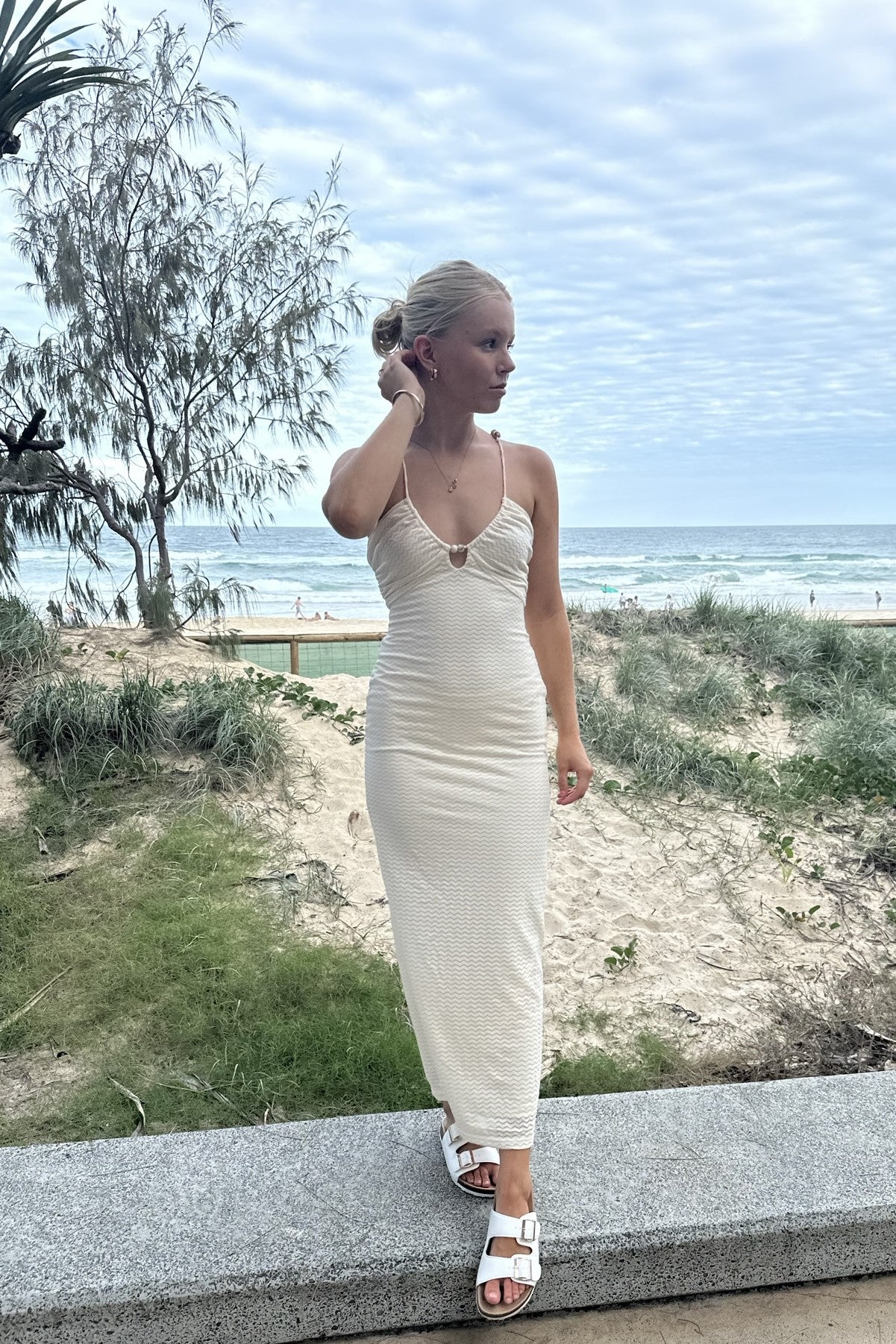 Selah Beaded Ribbed Knit Maxi Dress Cream