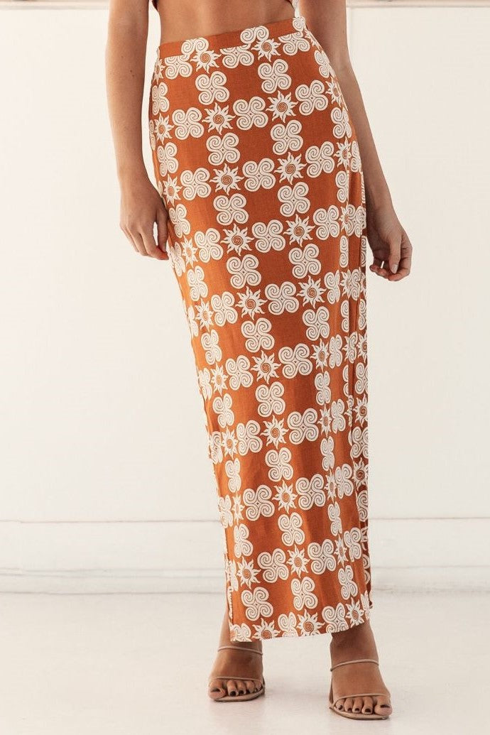 Soleil Print Linen Midi Skirt Terracotta Orange and Cream