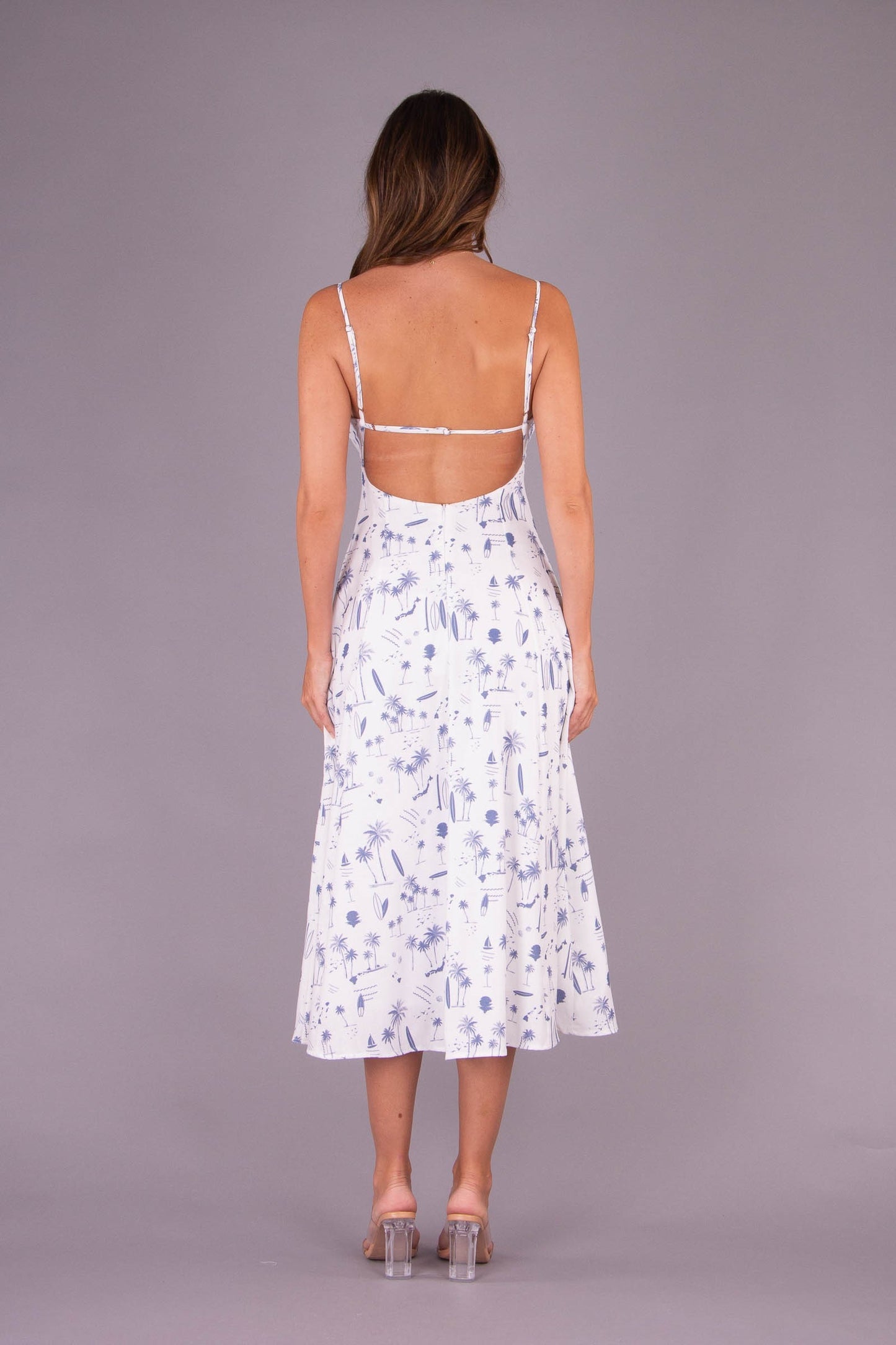 Suzanna Blue Beach Print Midi Dress White