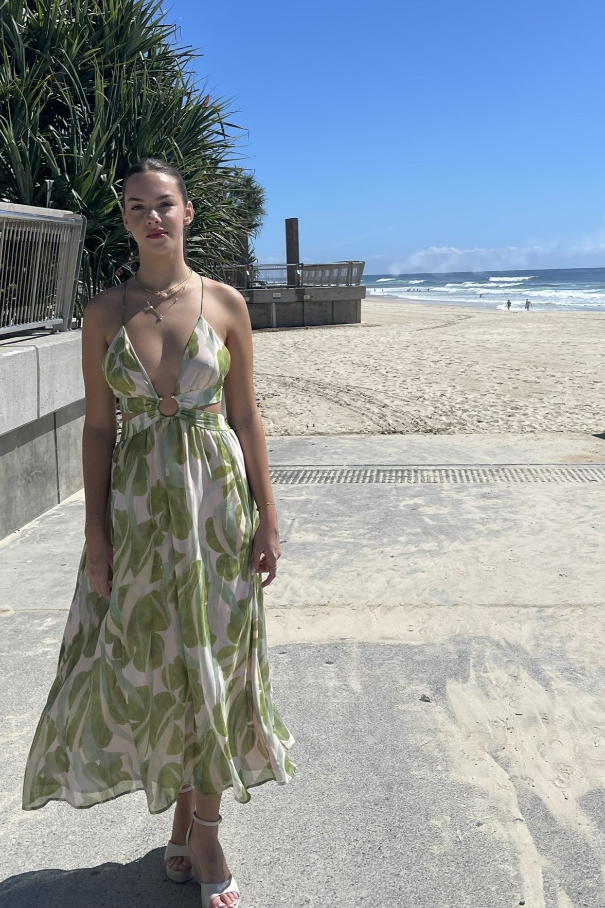 Thea Leaf Print O-Ring Maxi Dress Sage Green