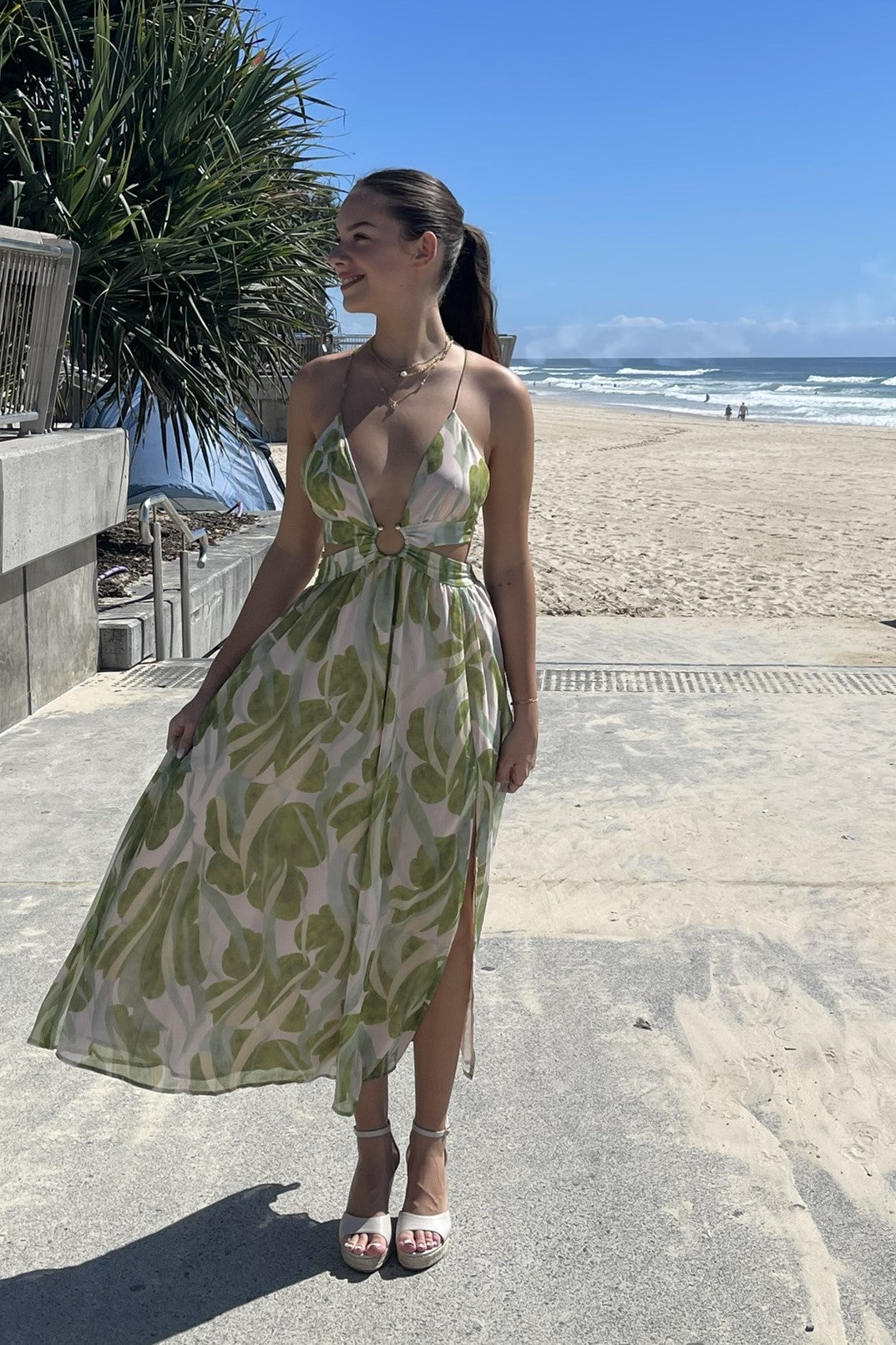 Thea Leaf Print O-Ring Maxi Dress Sage Green