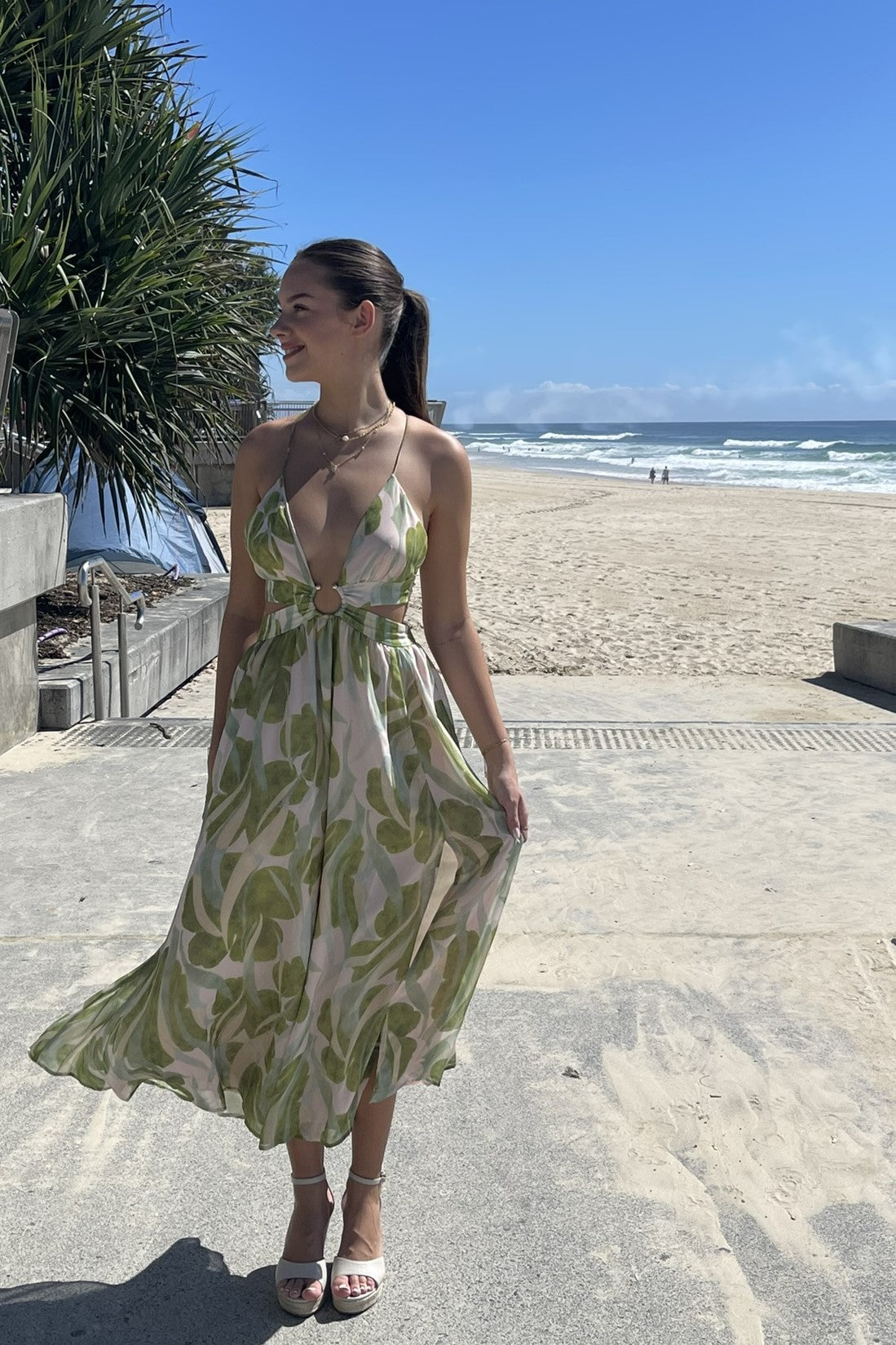 Thea Leaf Print O-Ring Maxi Dress Sage Green