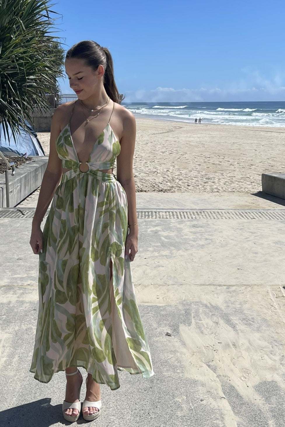 Thea Leaf Print O-Ring Maxi Dress Sage Green