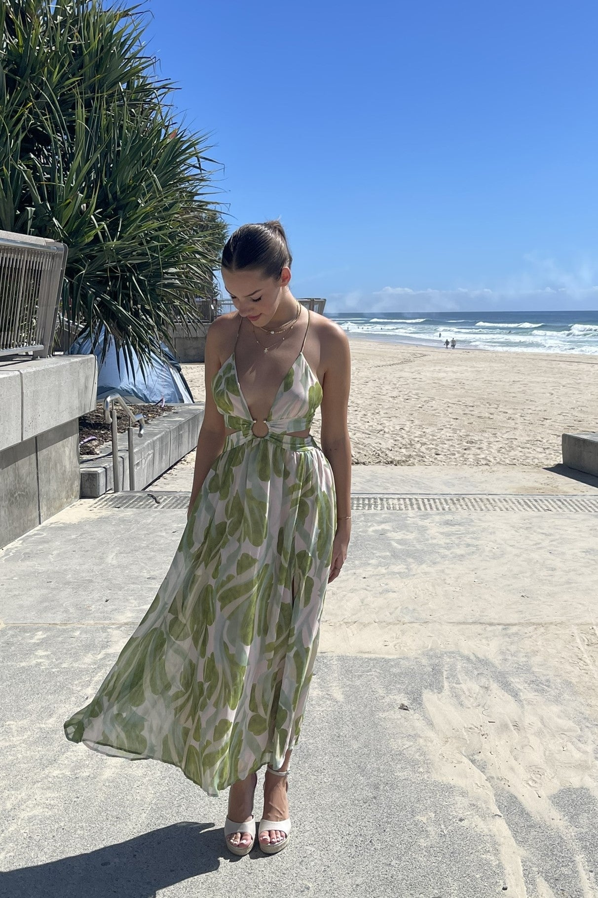 Thea Leaf Print O-Ring Maxi Dress Sage Green