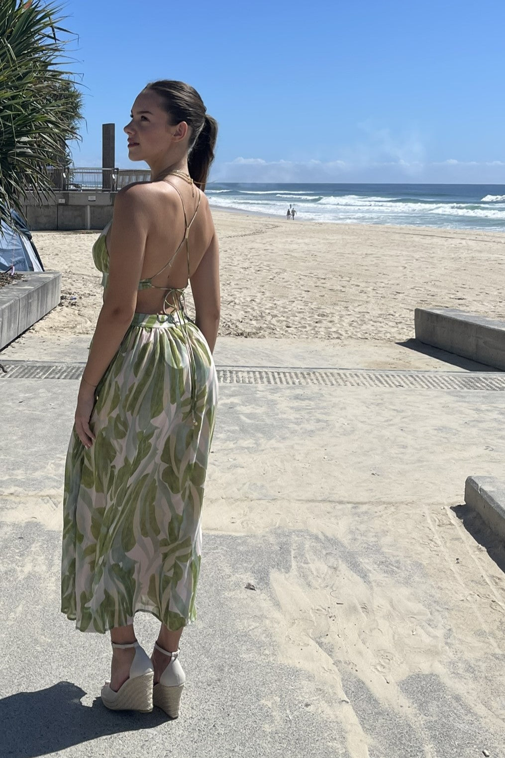 Thea Leaf Print O-Ring Maxi Dress Sage Green