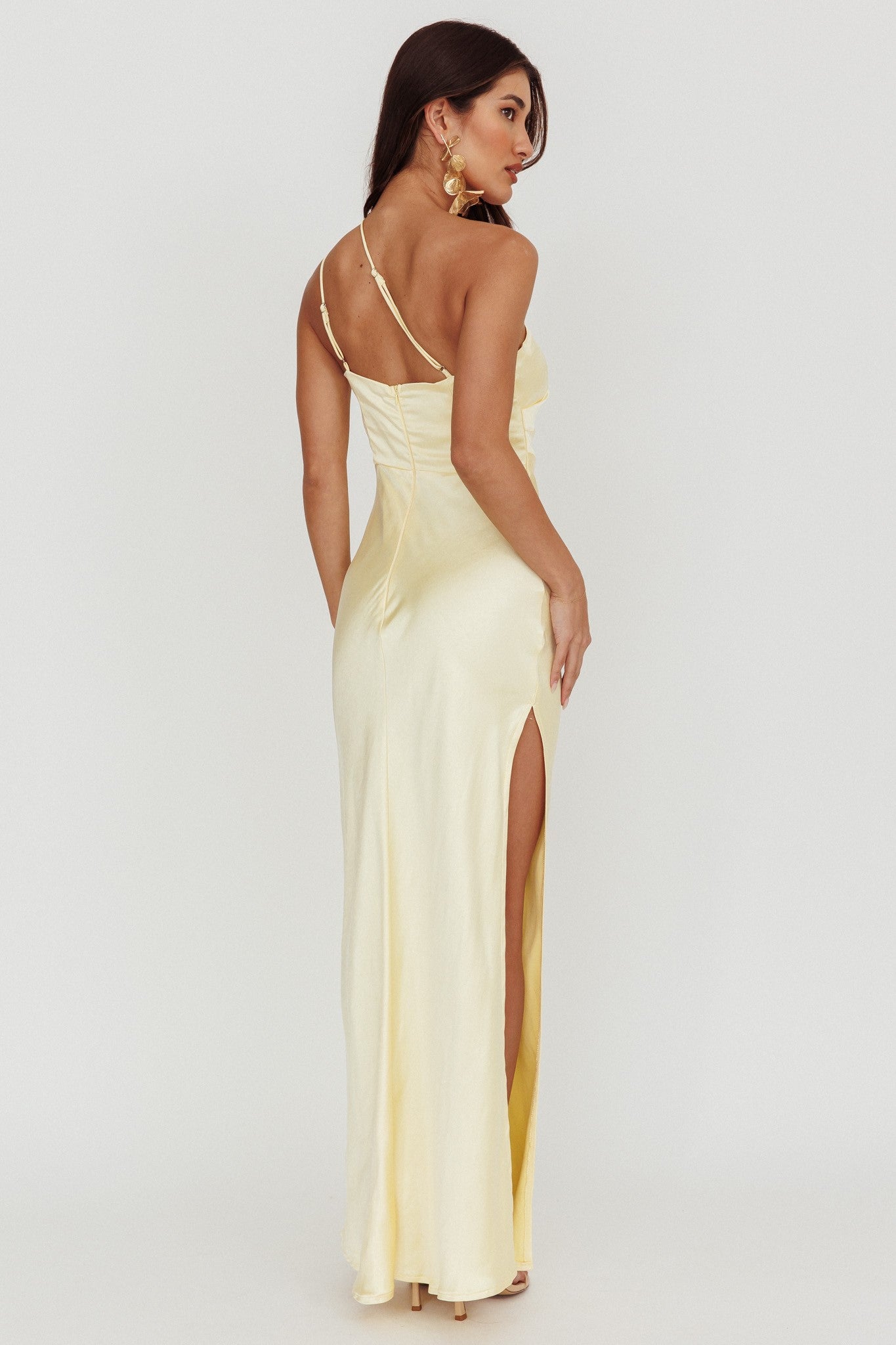 side split maxi dress Victoria One Shoulder Side Split Maxi Dress Lemon