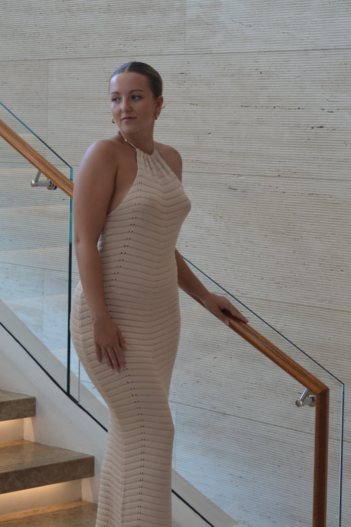 Yasmin Pattern Knit Halter Maxi Dress Beige