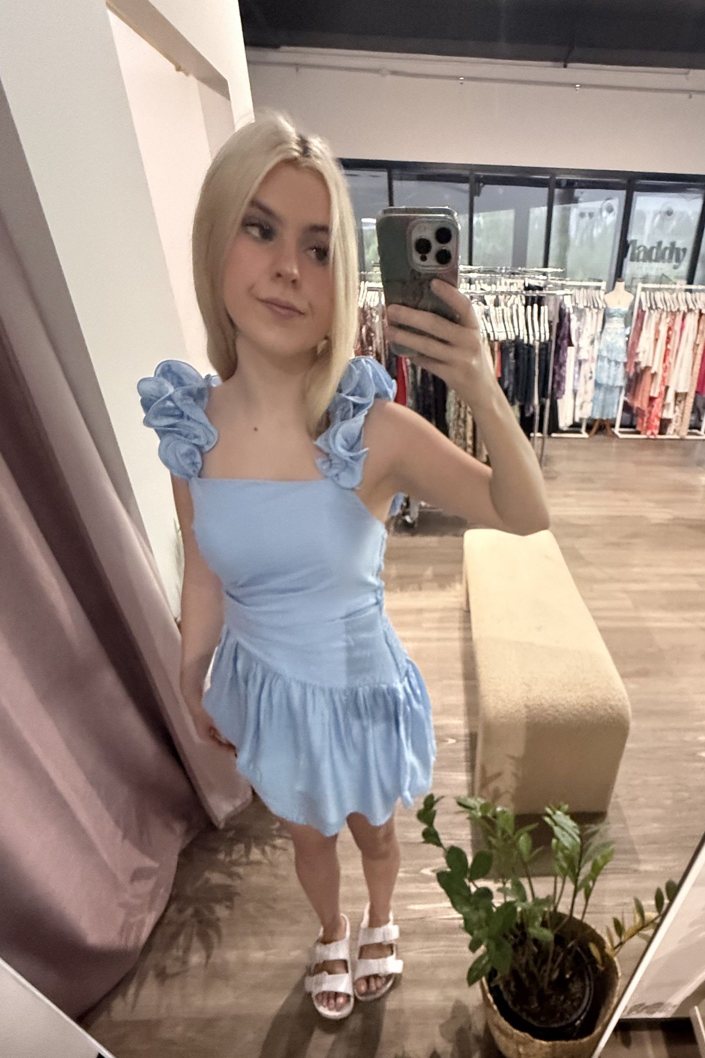 April Flower Sleeve Mini Dress Blue