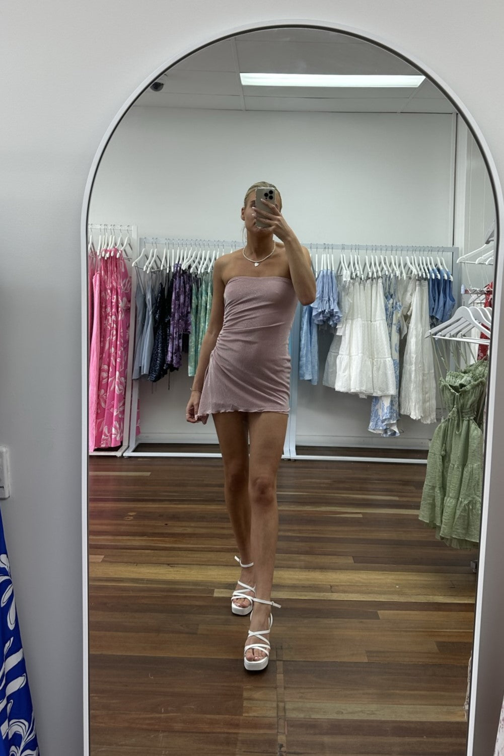 Nova Strapless Ruched Side Mini Dress Pink Sparkle