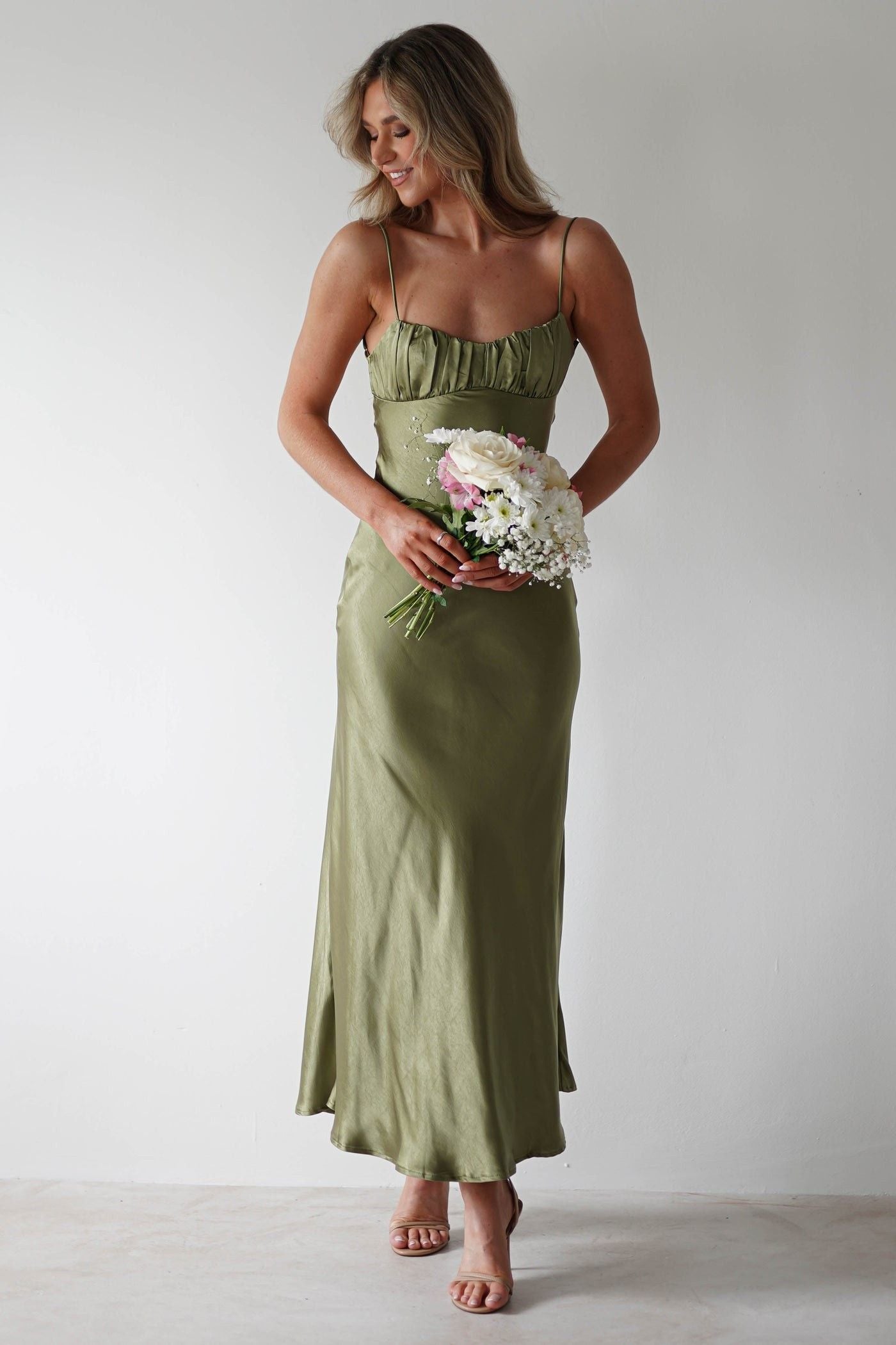 Penelope Shirred Bust Maxi Dress Olive
