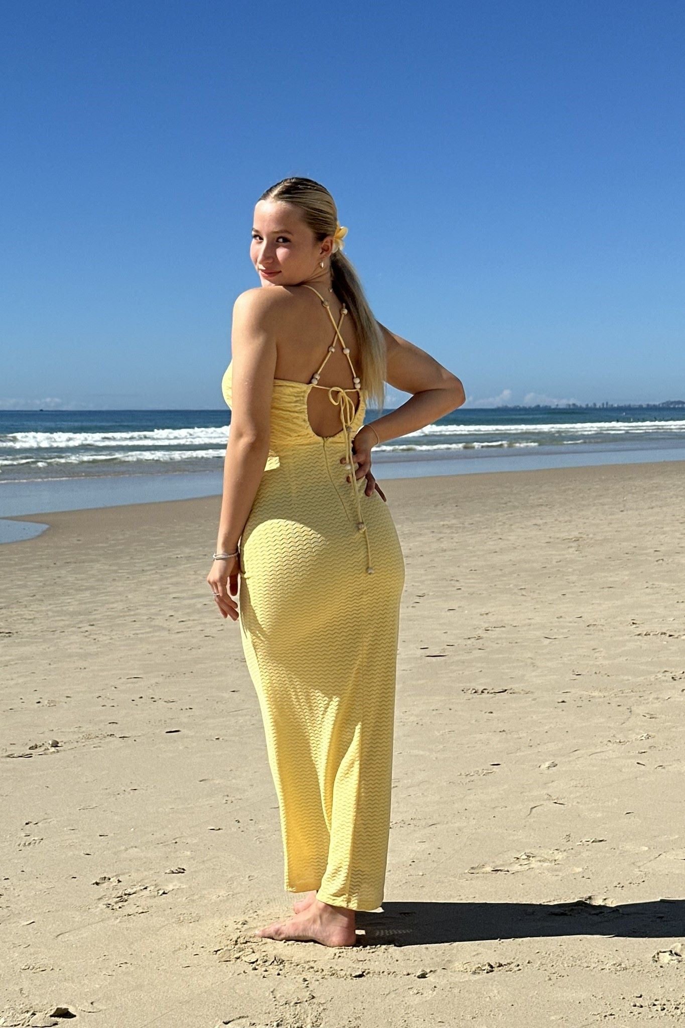 Selah Beaded Ribbed Knit Maxi Dress Yellow