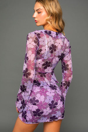 Mesh Purple Floral Crop Top Tie Front Detail Long Sleeve
