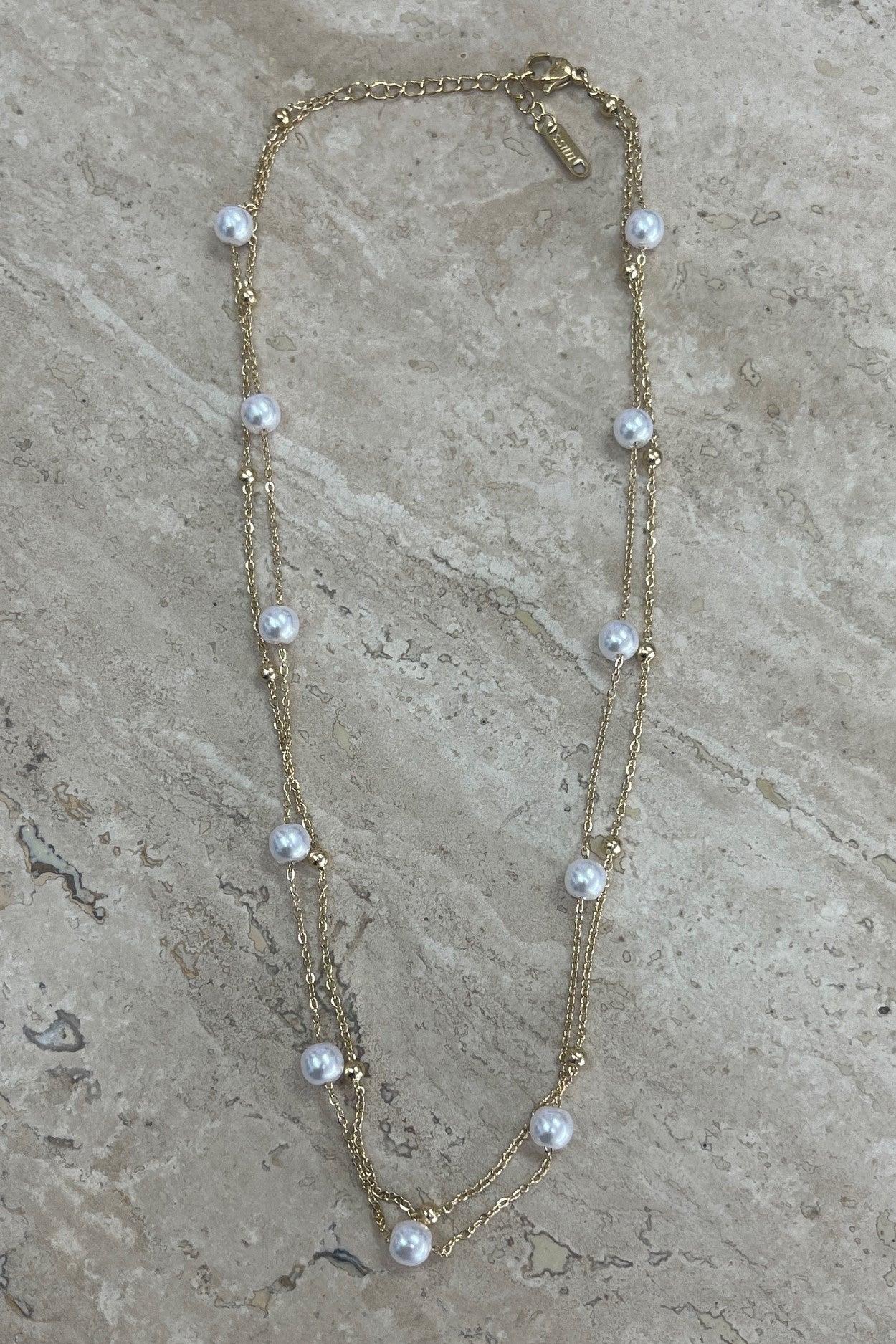 18K Gold Plated Double Layered Pearl and Gold Ball Necklace