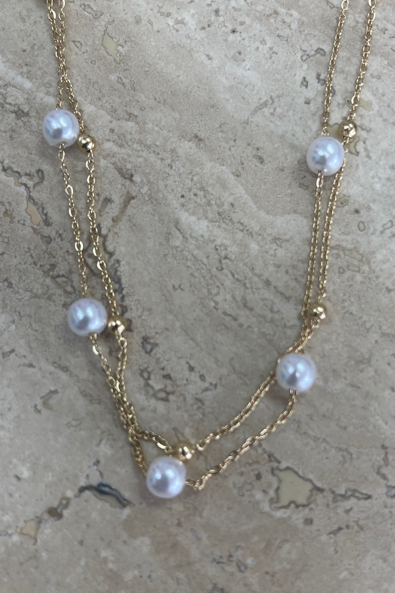 18K Gold Plated Double Layered Pearl and Gold Ball Necklace