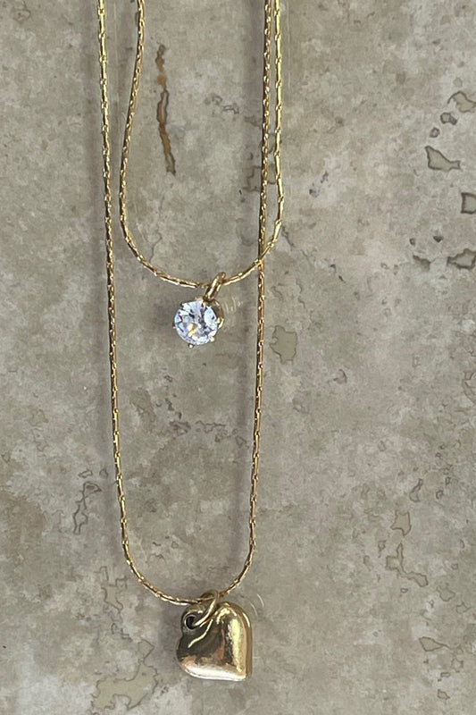 18K Gold Plated Layered Heart and Diamonte Necklace