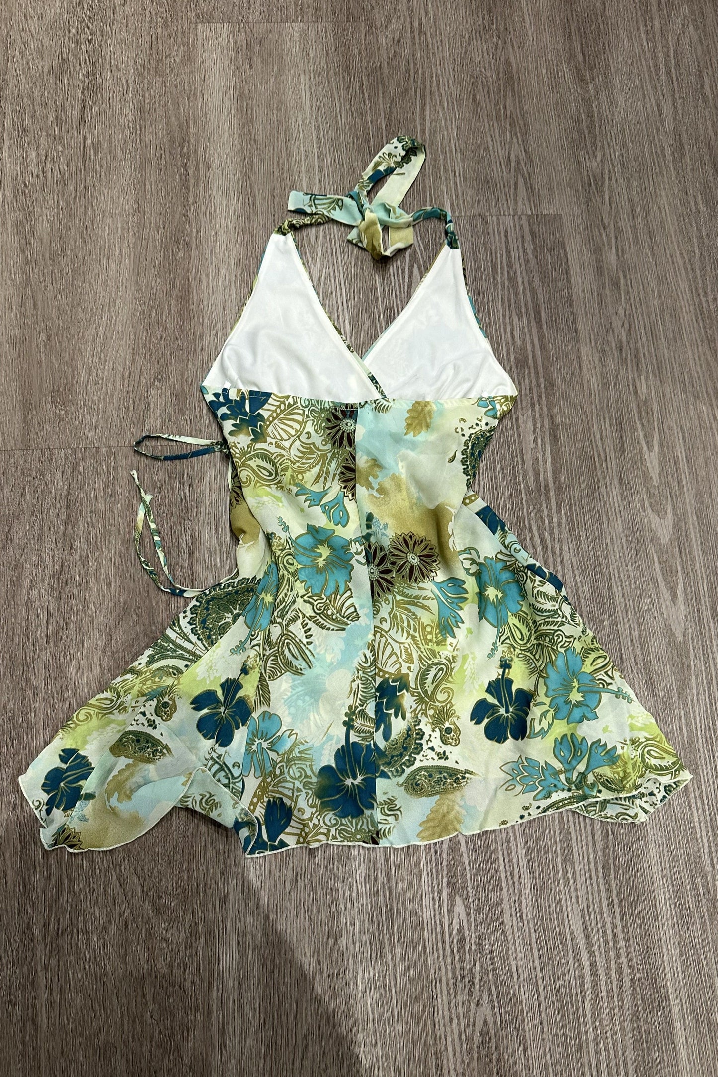 Vintage A.BYER Floral Halter Mini Dress Green/Blue