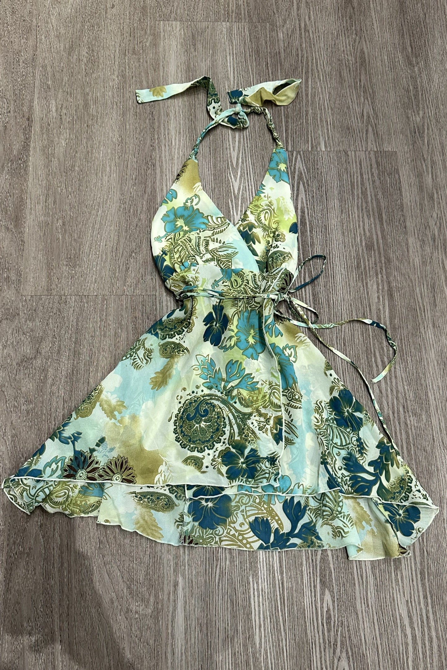 Vintage A.BYER Floral Halter Mini Dress Green/Blue