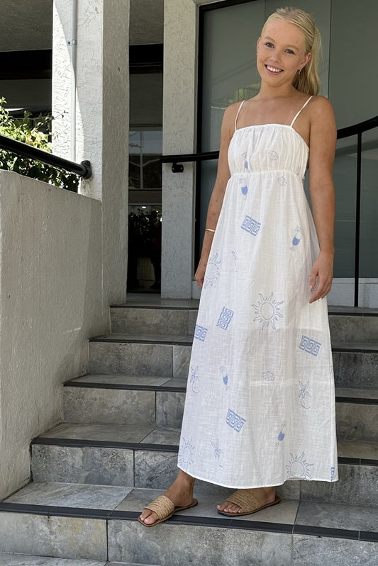 Athena Sleeveless White & Blue Amalfi Print Maxi Dress