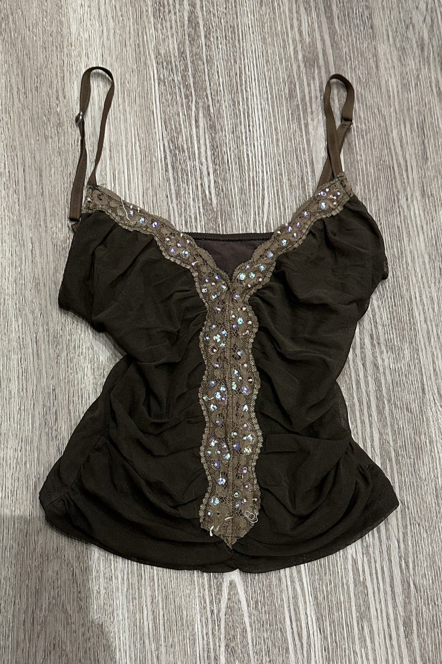 Vintage Lace Beaded Sequin Cami Top Brown