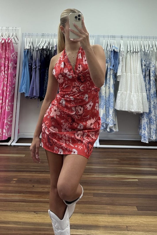 Bella Mini Dress Halter Neck Floral Red