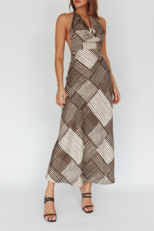 Shay Cowl Neck Maxi Geometric Print Brown