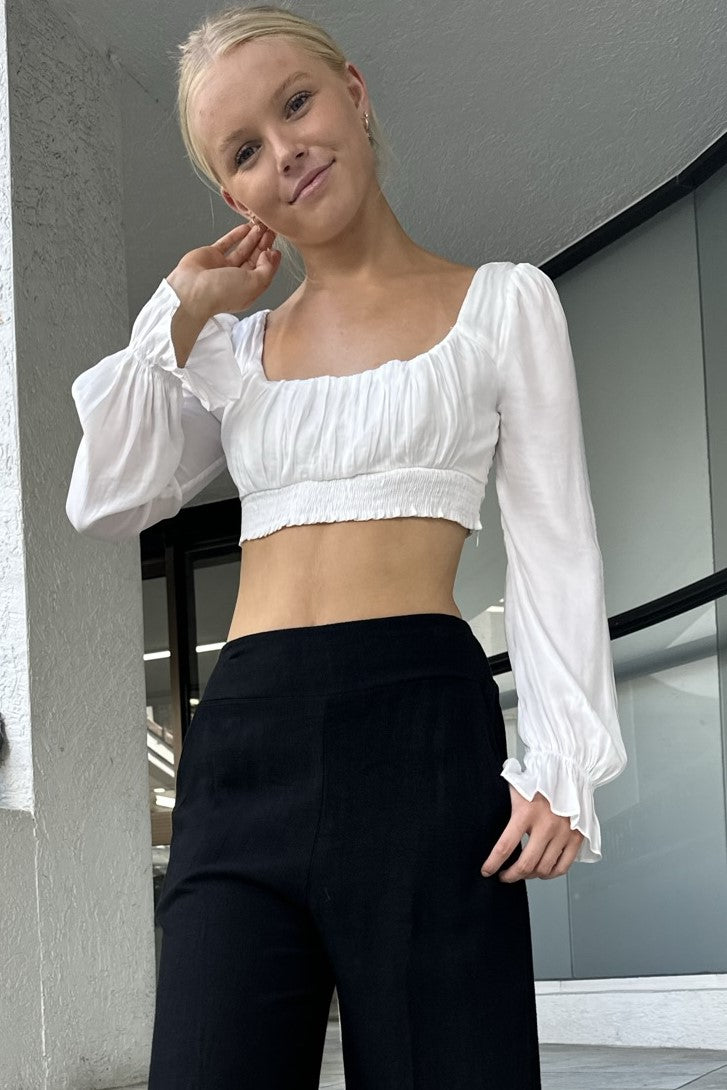 Callie Longsleeve Shirred Crop Top Cream