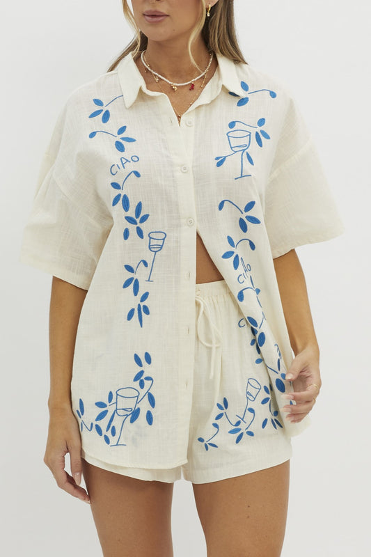 Ciao Bella Oversized Blue Embroidered Shirt Beige